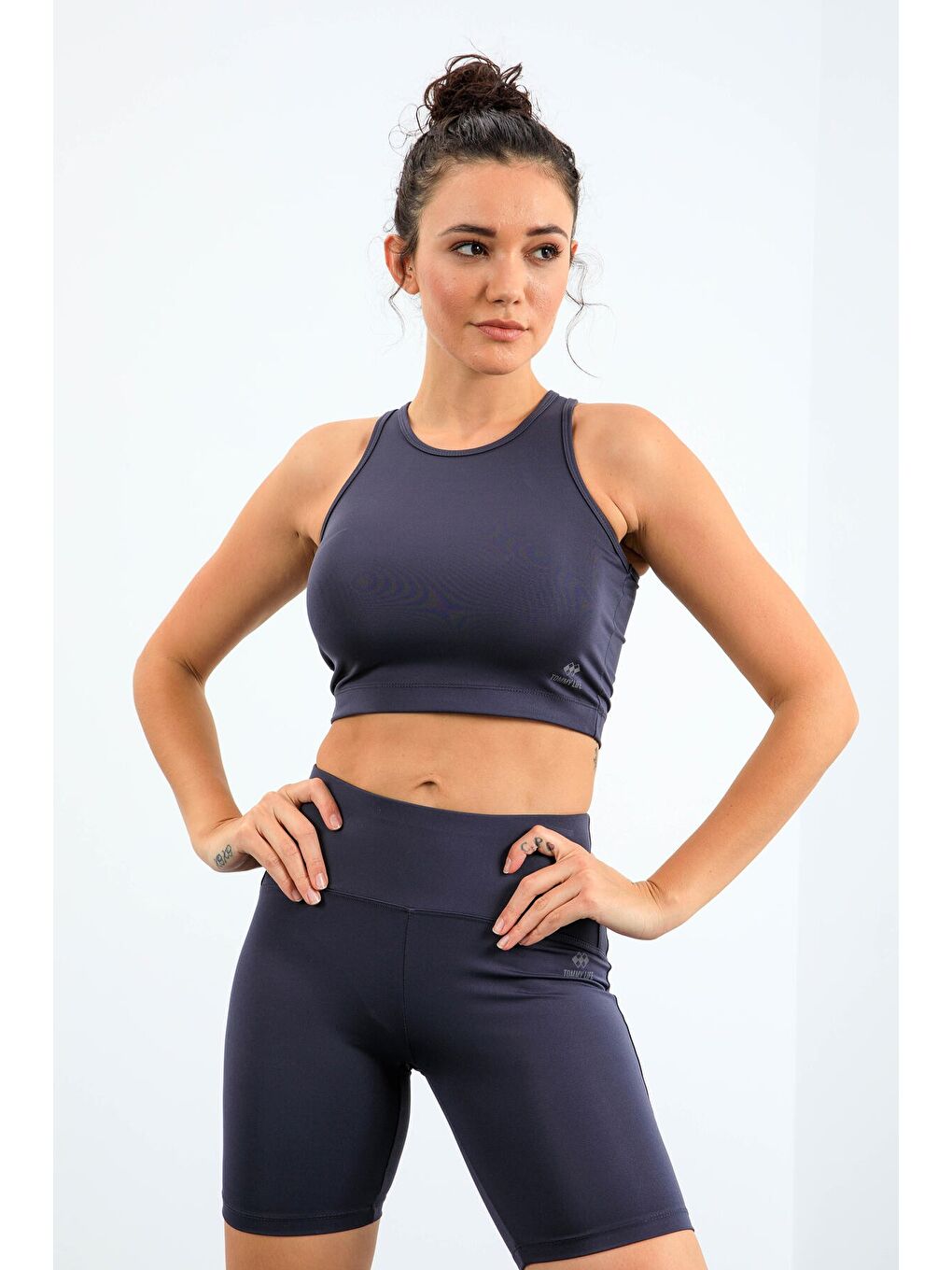 Antrasit Yüksek Bel Toparlayıcı Dar Kalıp Crop Biker Kadın Tayt Takım - 95302