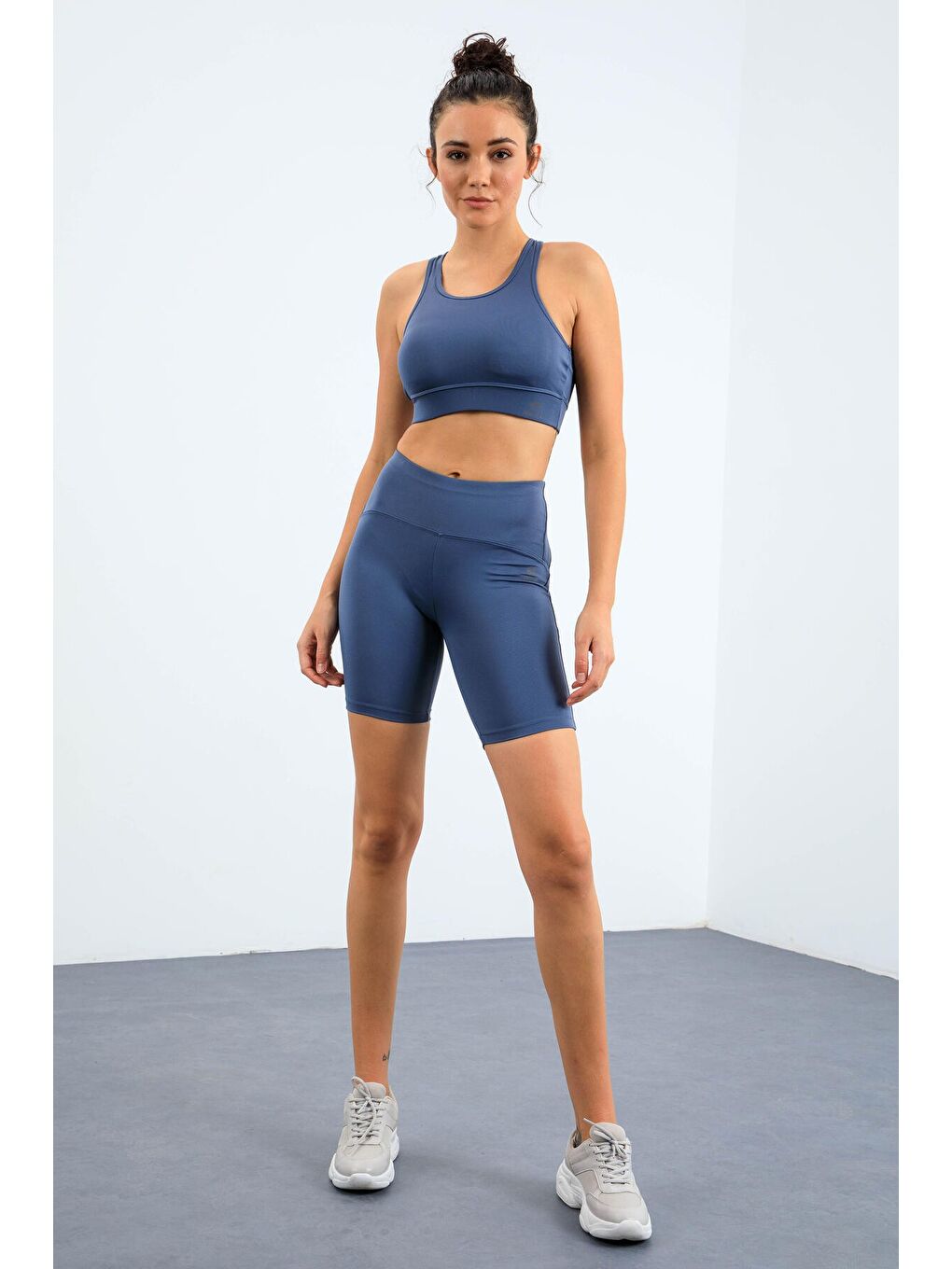 Petrol Yüksek Bel Toparlayıcı Slim Fit Büstiyer Biker Kadın Tayt Takım - 95303-1