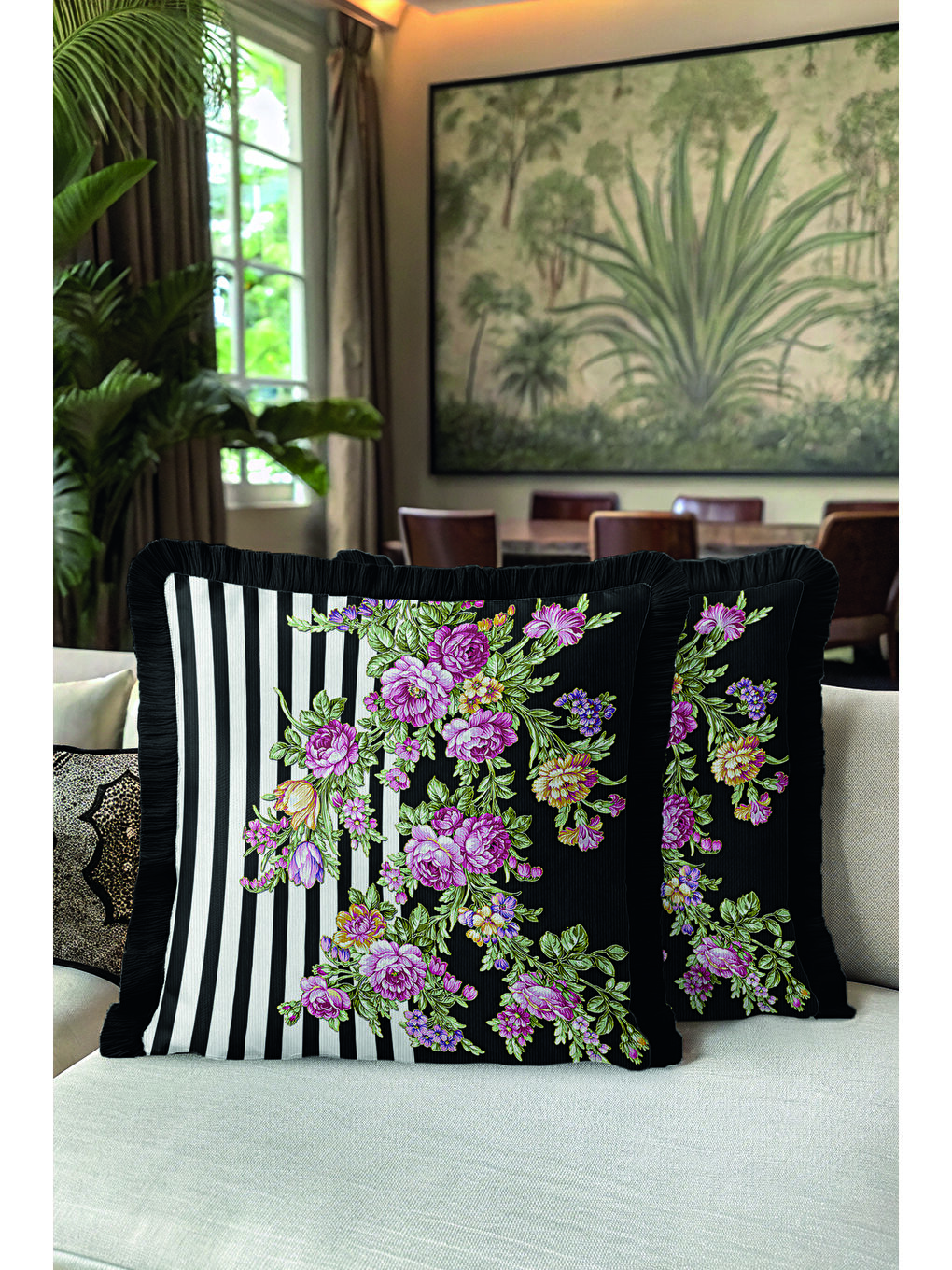 Karışık Zarif Çiçekli Lüks Saçaklı Yastık Kılıfı - Çizgili Bohem Siyah Mor Püsküllü Kırlent Kılıfı-5