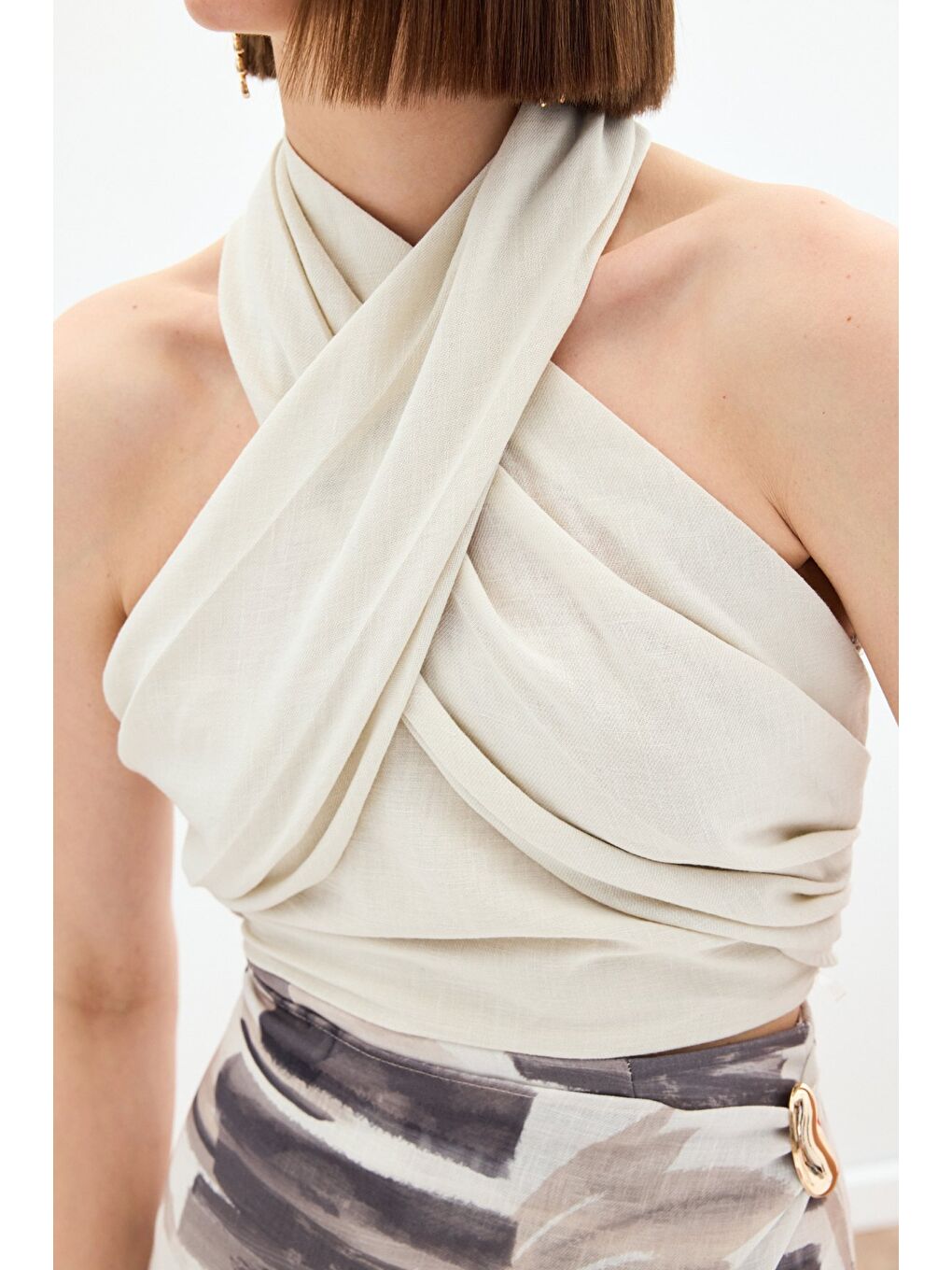 Halter Yaka Keten Crop Bluz - Bej-6