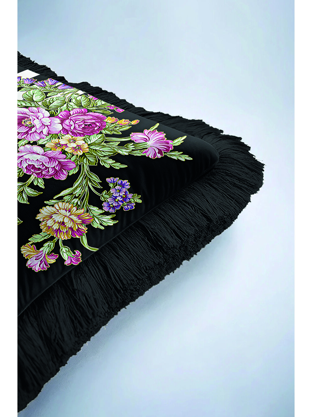 Karışık Zarif Çiçekli Lüks Saçaklı Yastık Kılıfı - Çizgili Bohem Siyah Mor Püsküllü Kırlent Kılıfı-6