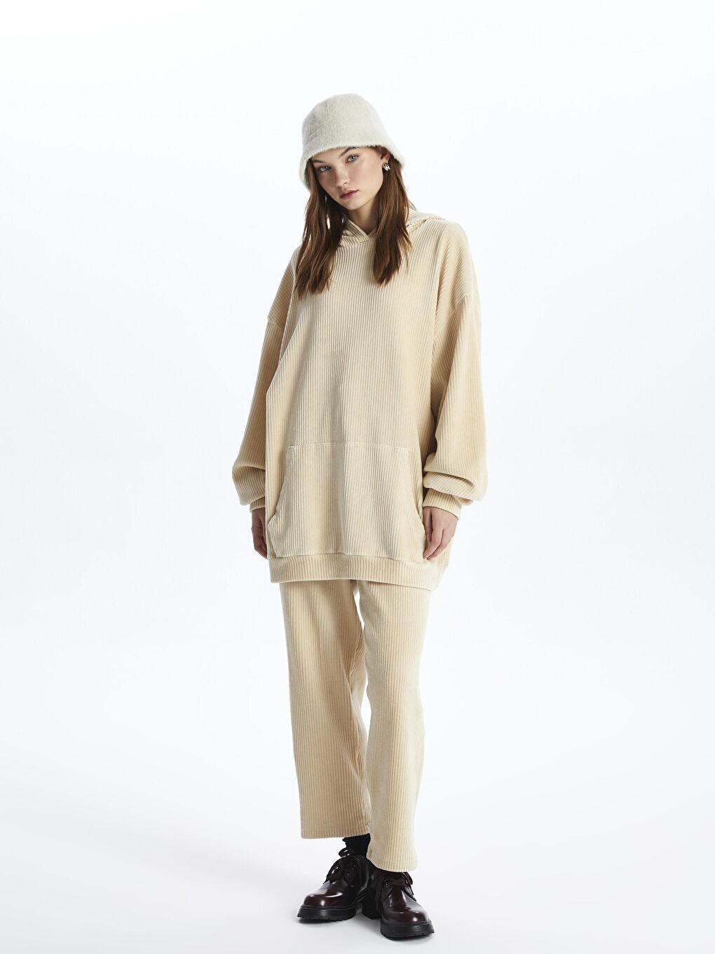 Las Vegas - Kadife Oversize Pantolon - Ekru Renk-1