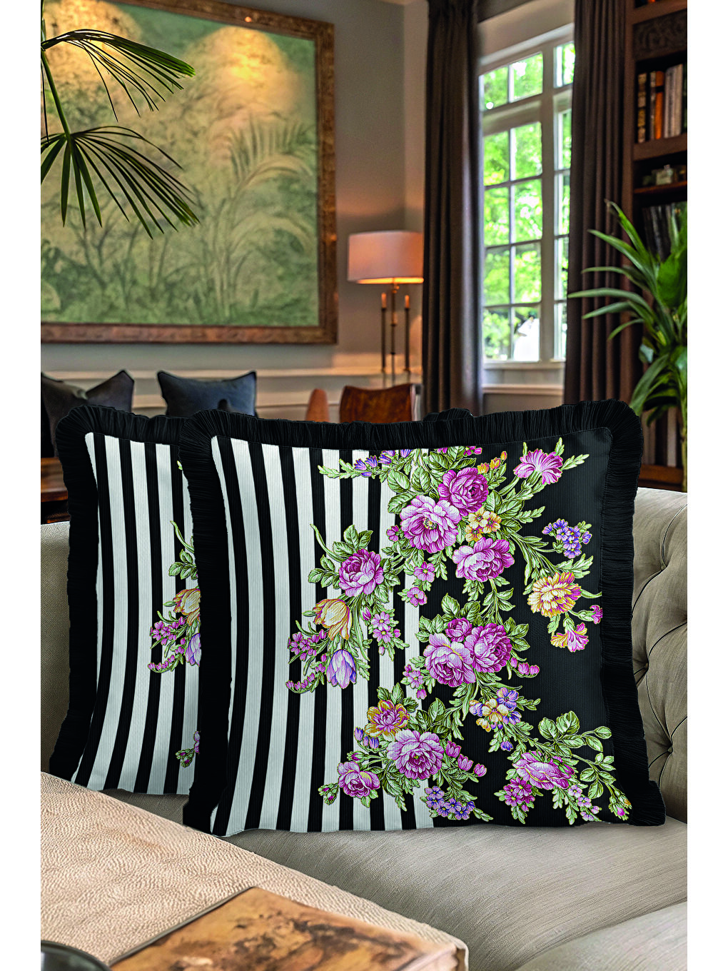 Karışık Zarif Çiçekli Lüks Saçaklı Yastık Kılıfı - Çizgili Bohem Siyah Mor Püsküllü Kırlent Kılıfı-7