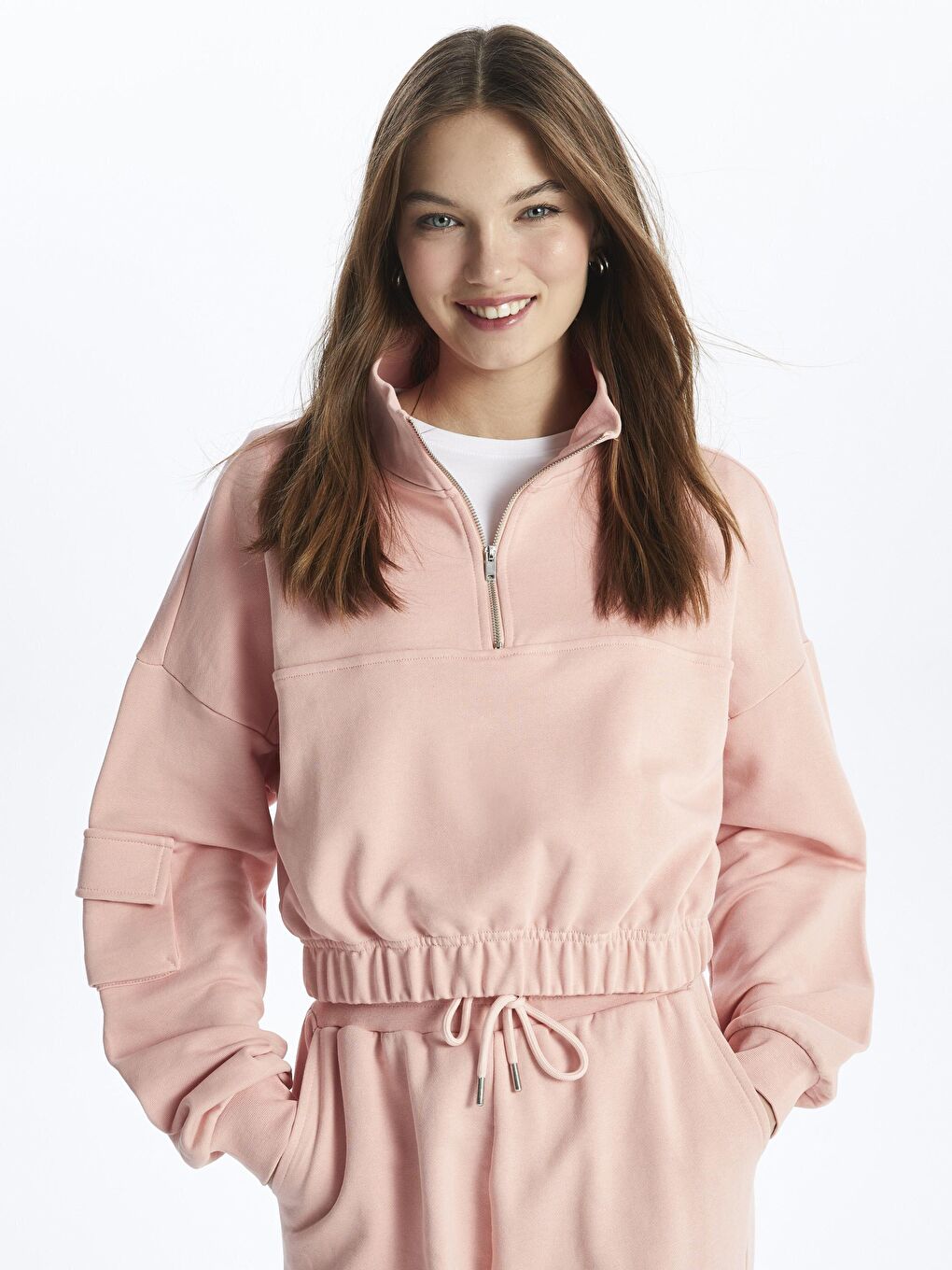 Pembe Fermuarlı Rahat Kalıp Crop Sweatshirt - Hollywood