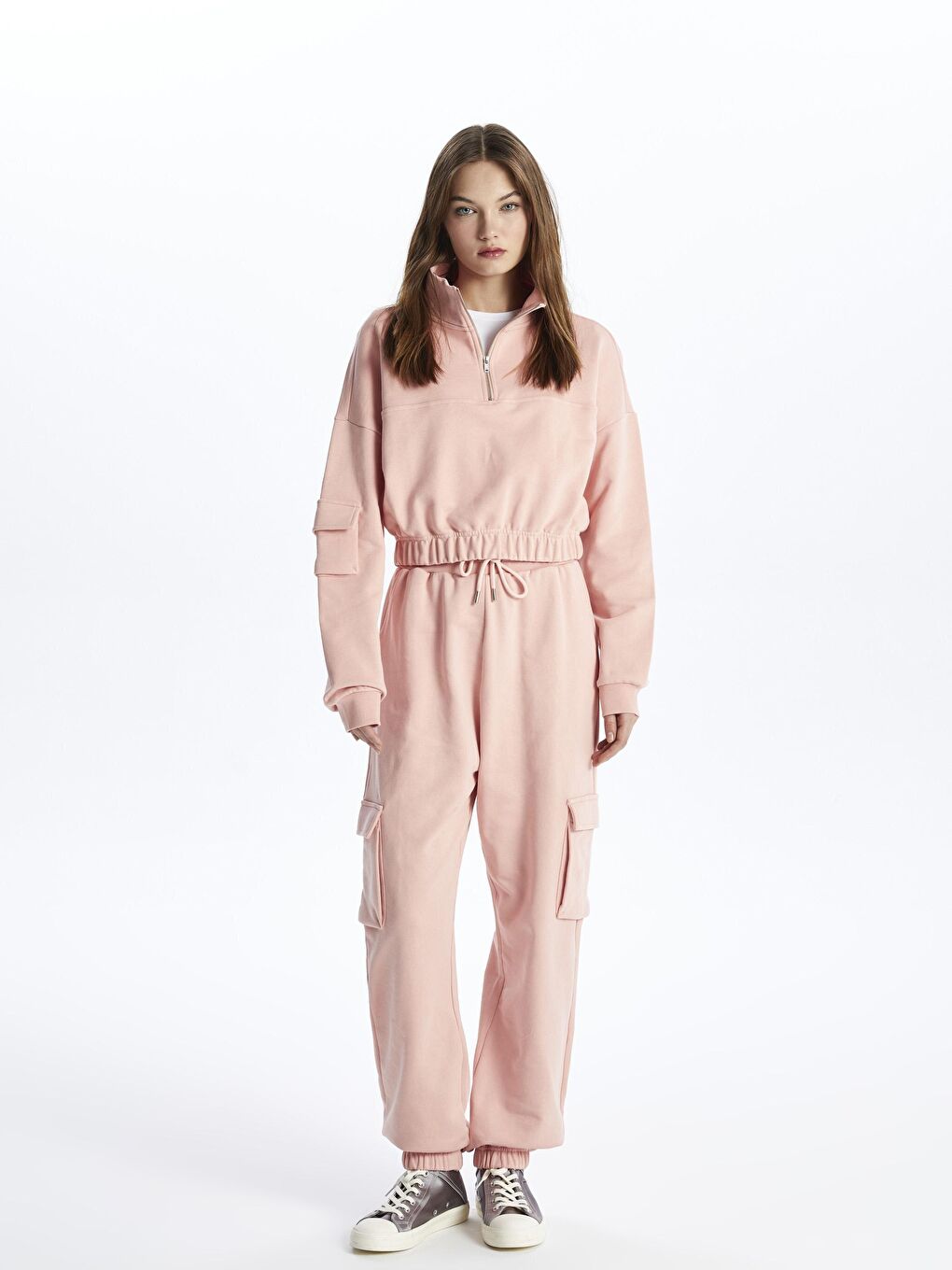 Pembe Fermuarlı Rahat Kalıp Crop Sweatshirt - Hollywood-1
