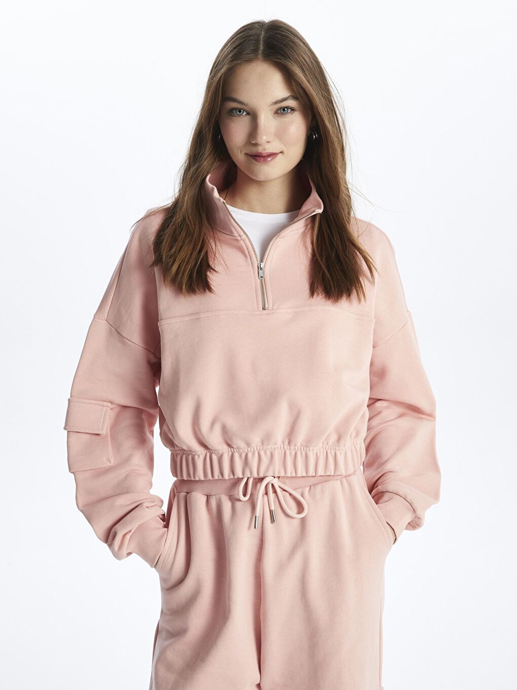 Pembe Fermuarlı Rahat Kalıp Crop Sweatshirt - Hollywood-2