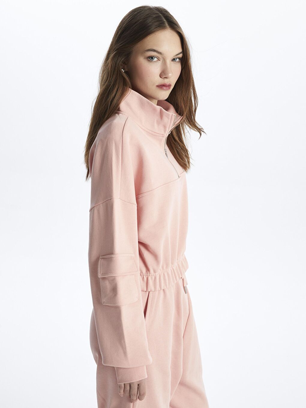 Pembe Fermuarlı Rahat Kalıp Crop Sweatshirt - Hollywood-3