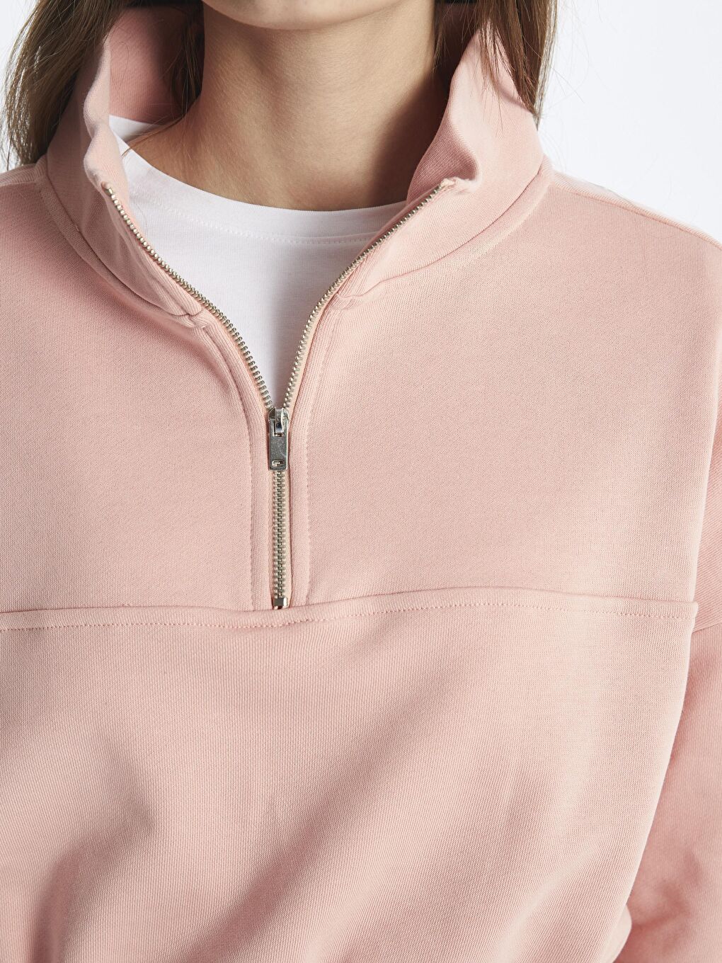 Pembe Fermuarlı Rahat Kalıp Crop Sweatshirt - Hollywood-4
