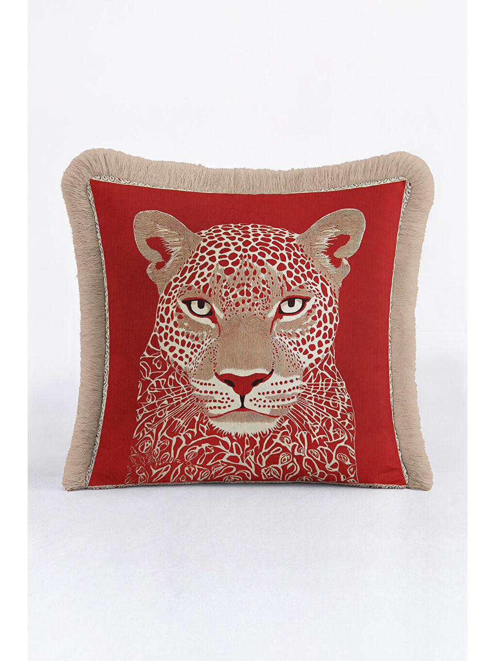 Karışık Vahşi Parıltı Saçaklı Yastık Kılıfı - Asil Leopar Bohem Kırmızı Altın Renkli Püsküllü Kırlent Kılıfı