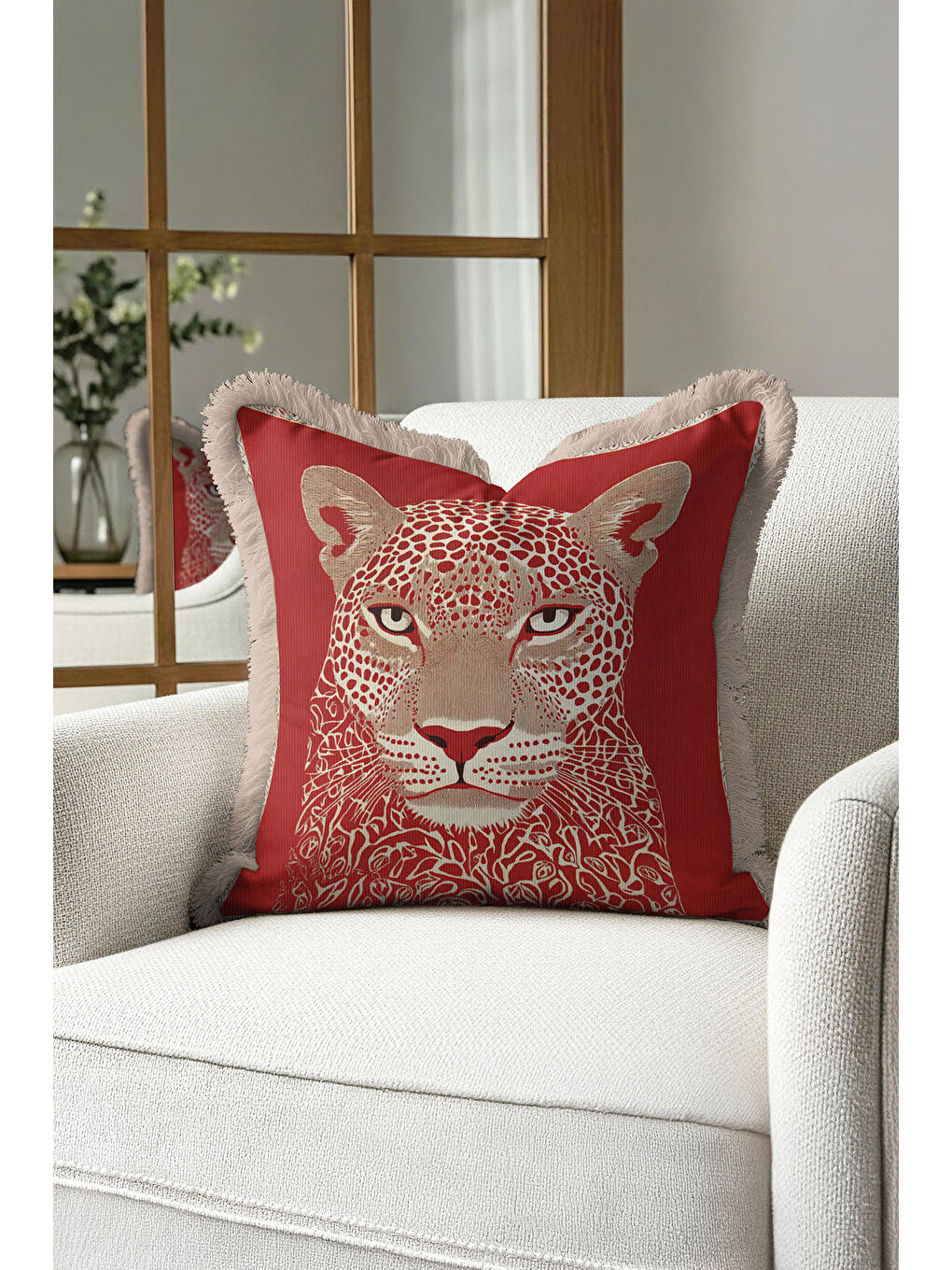 Karışık Vahşi Parıltı Saçaklı Yastık Kılıfı - Asil Leopar Bohem Kırmızı Altın Renkli Püsküllü Kırlent Kılıfı-2