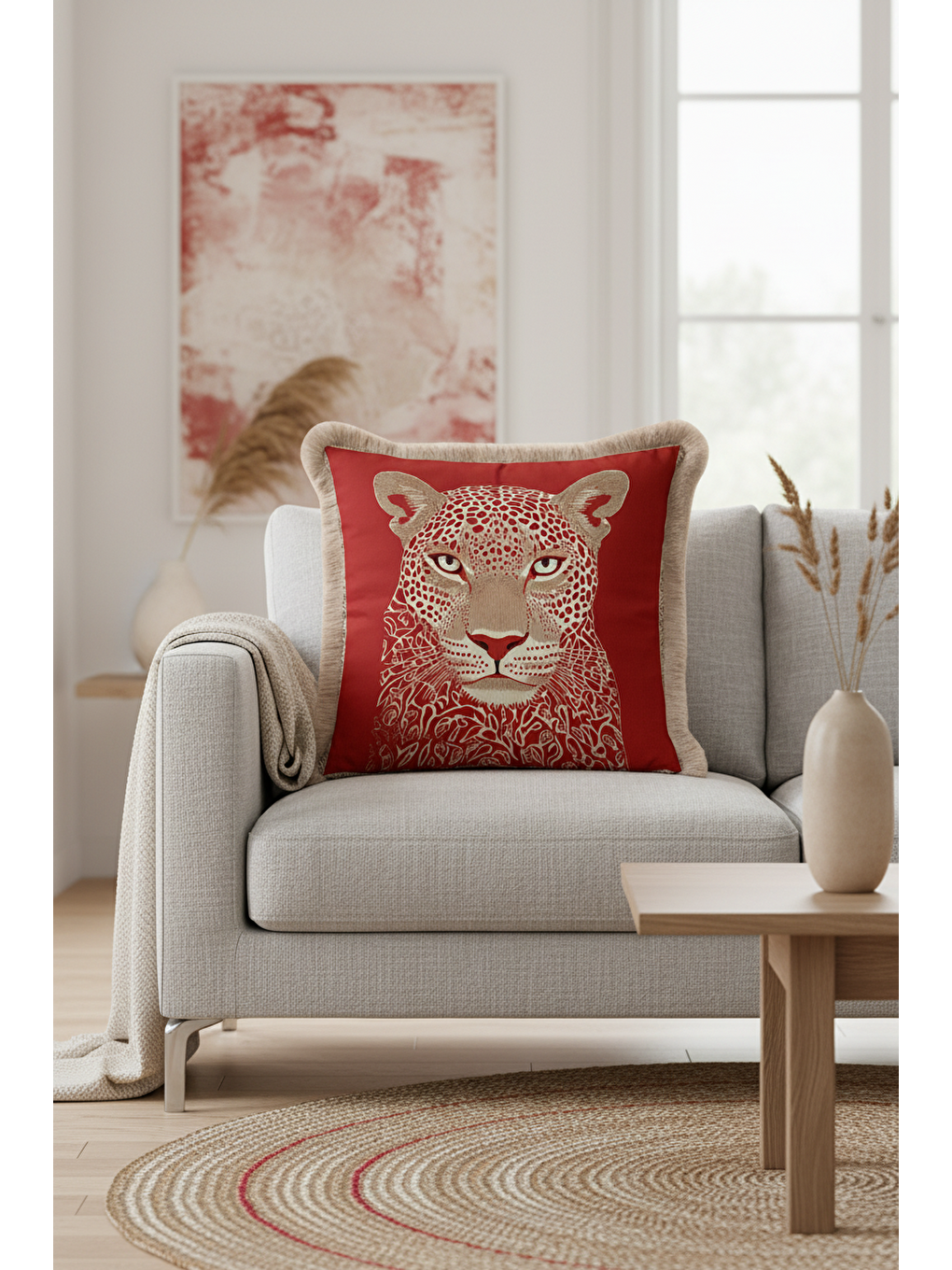 Karışık Vahşi Parıltı Saçaklı Yastık Kılıfı - Asil Leopar Bohem Kırmızı Altın Renkli Püsküllü Kırlent Kılıfı-3