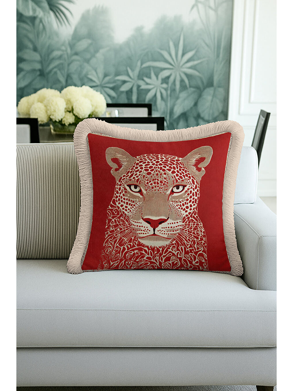 Karışık Vahşi Parıltı Saçaklı Yastık Kılıfı - Asil Leopar Bohem Kırmızı Altın Renkli Püsküllü Kırlent Kılıfı-4