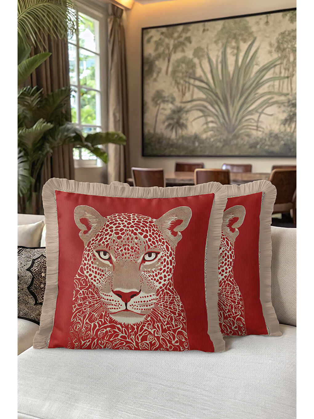 Karışık Vahşi Parıltı Saçaklı Yastık Kılıfı - Asil Leopar Bohem Kırmızı Altın Renkli Püsküllü Kırlent Kılıfı-5