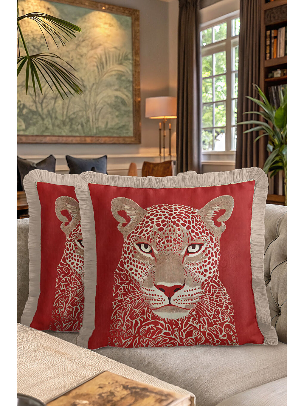 Karışık Vahşi Parıltı Saçaklı Yastık Kılıfı - Asil Leopar Bohem Kırmızı Altın Renkli Püsküllü Kırlent Kılıfı-7