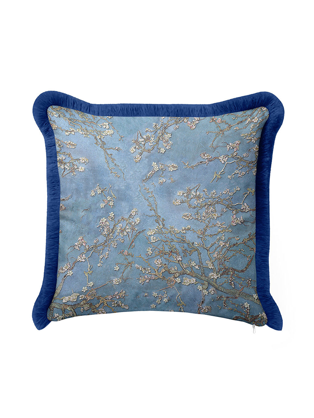 Karışık Lüks Çiçek Bahar Saçaklı Yastık Kılıfı - Mavi Japon Esintisi Bohem Açık Mavi Püsküllü Kırlent Kılıfı-1