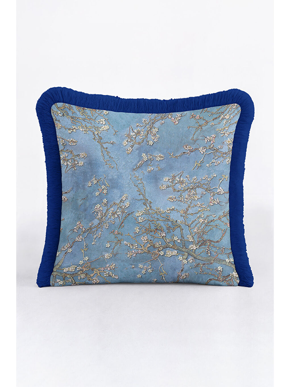 Karışık Lüks Çiçek Bahar Saçaklı Yastık Kılıfı - Mavi Japon Esintisi Bohem Açık Mavi Püsküllü Kırlent Kılıfı-2