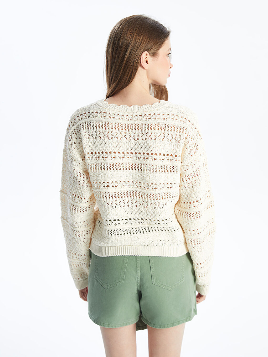 Monjito - Örgü Detaylı Ajur Desenli V Yaka Triko Bluz - Ekru-4