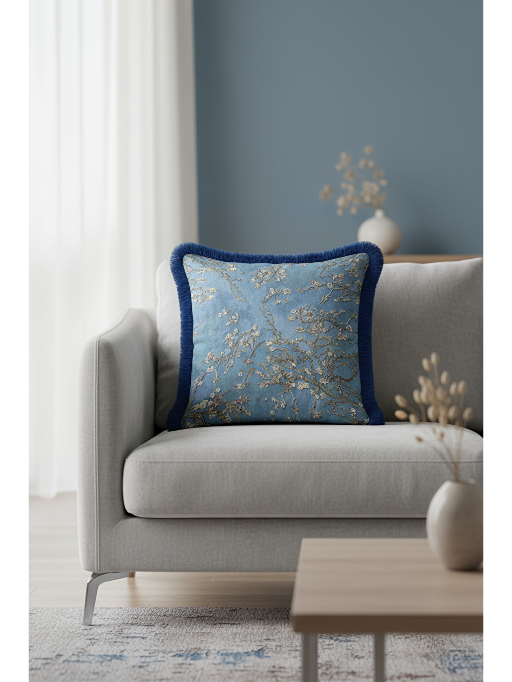 Karışık Lüks Çiçek Bahar Saçaklı Yastık Kılıfı - Mavi Japon Esintisi Bohem Açık Mavi Püsküllü Kırlent Kılıfı-3