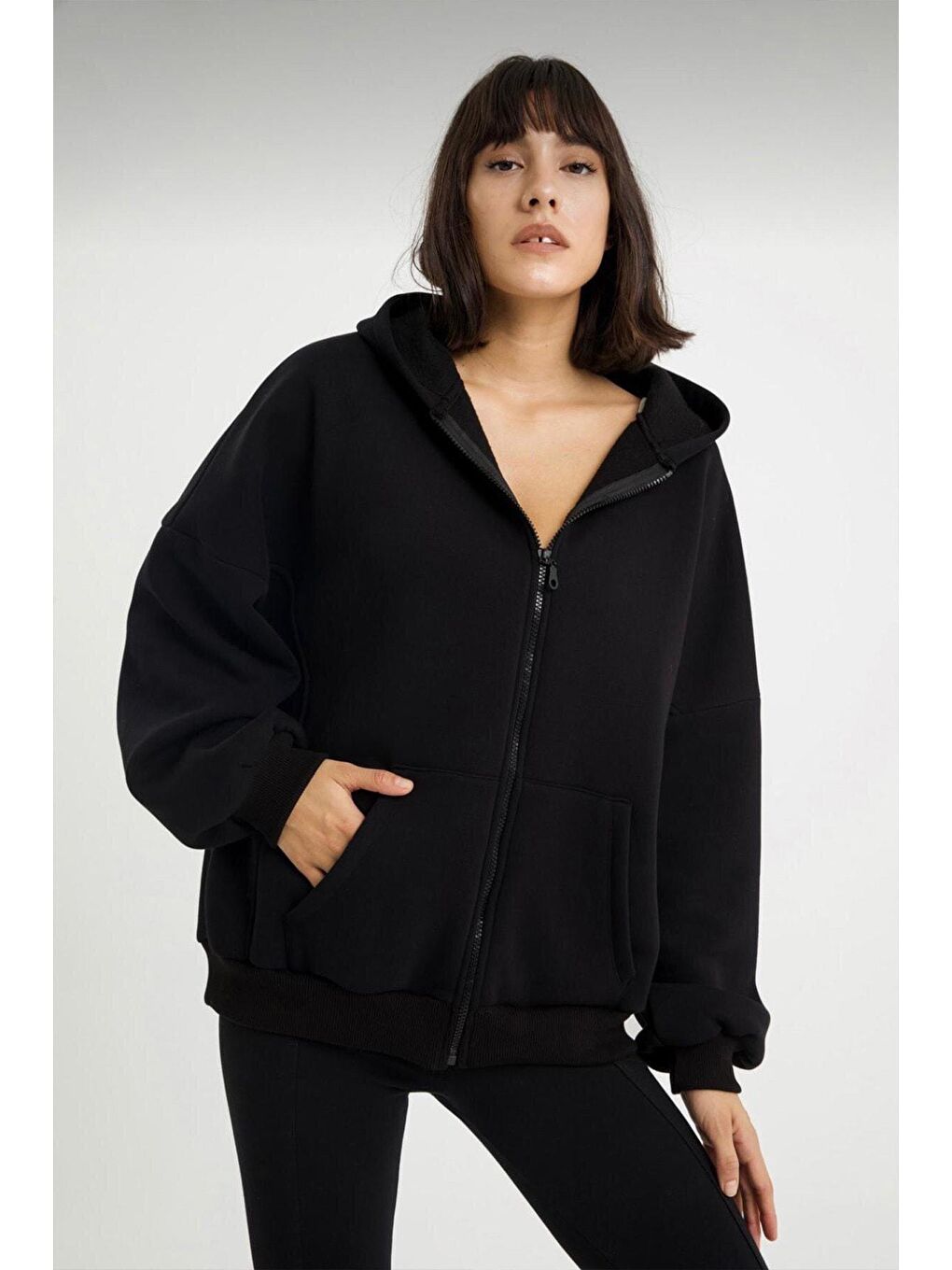Kadın Siyah Üç Iplik Oversize Fermuarlı Sweatshirt