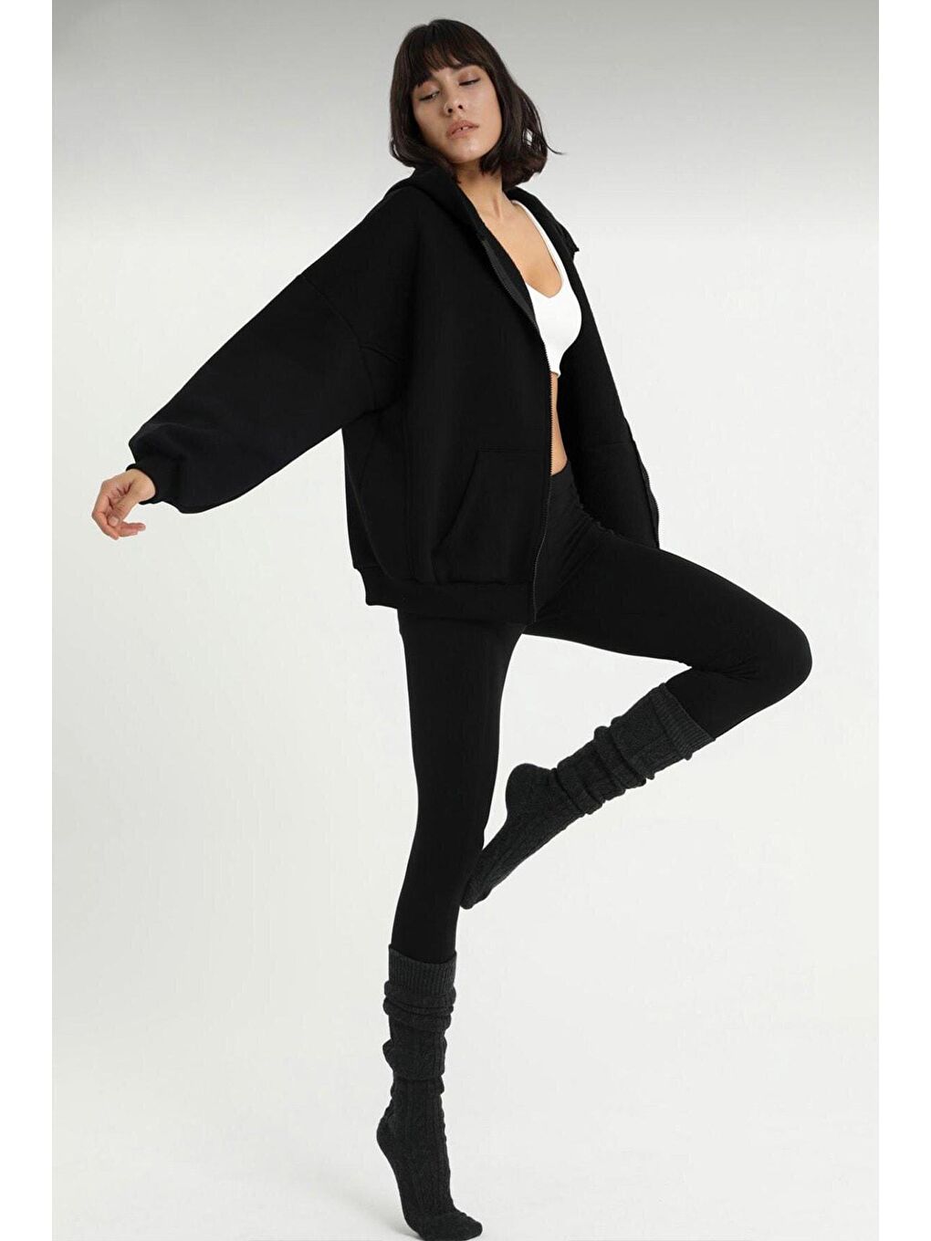 Kadın Siyah Üç Iplik Oversize Fermuarlı Sweatshirt-1