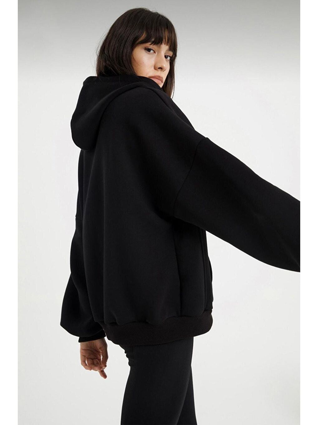 Kadın Siyah Üç Iplik Oversize Fermuarlı Sweatshirt-2