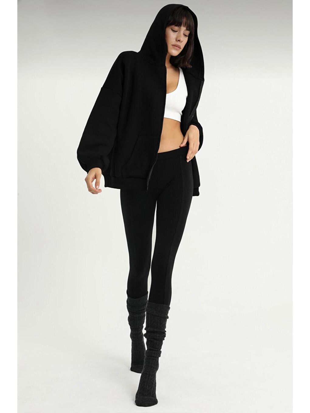 Kadın Siyah Üç Iplik Oversize Fermuarlı Sweatshirt-3