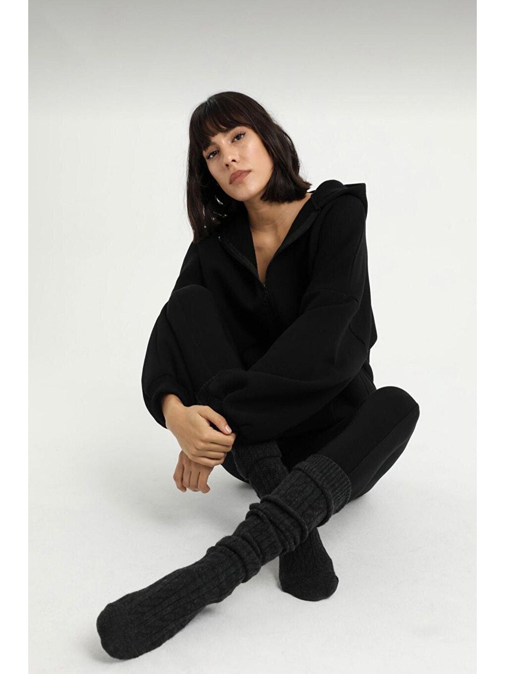 Kadın Siyah Üç Iplik Oversize Fermuarlı Sweatshirt-4