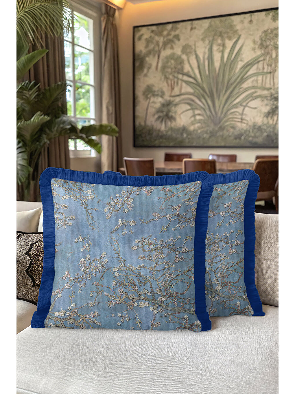 Karışık Lüks Çiçek Bahar Saçaklı Yastık Kılıfı - Mavi Japon Esintisi Bohem Açık Mavi Püsküllü Kırlent Kılıfı-5