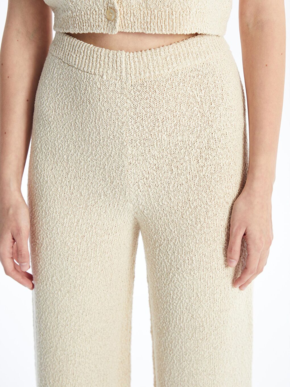 Valetta - Örgü Detaylı Bol Paça Triko Pantolon - Ekru-2