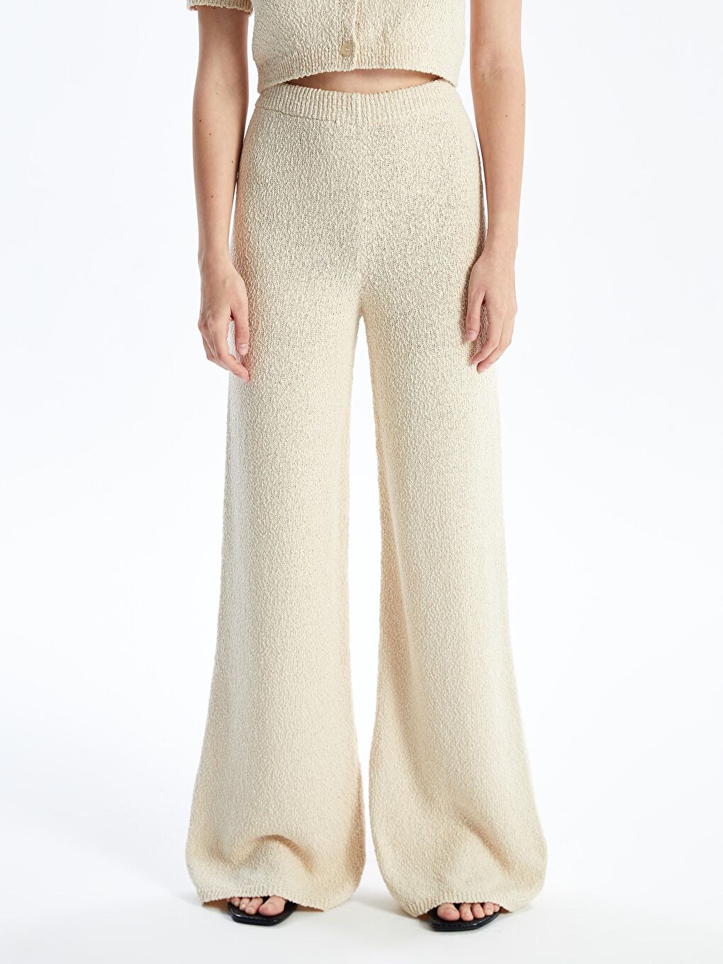 Valetta - Örgü Detaylı Bol Paça Triko Pantolon - Ekru-3