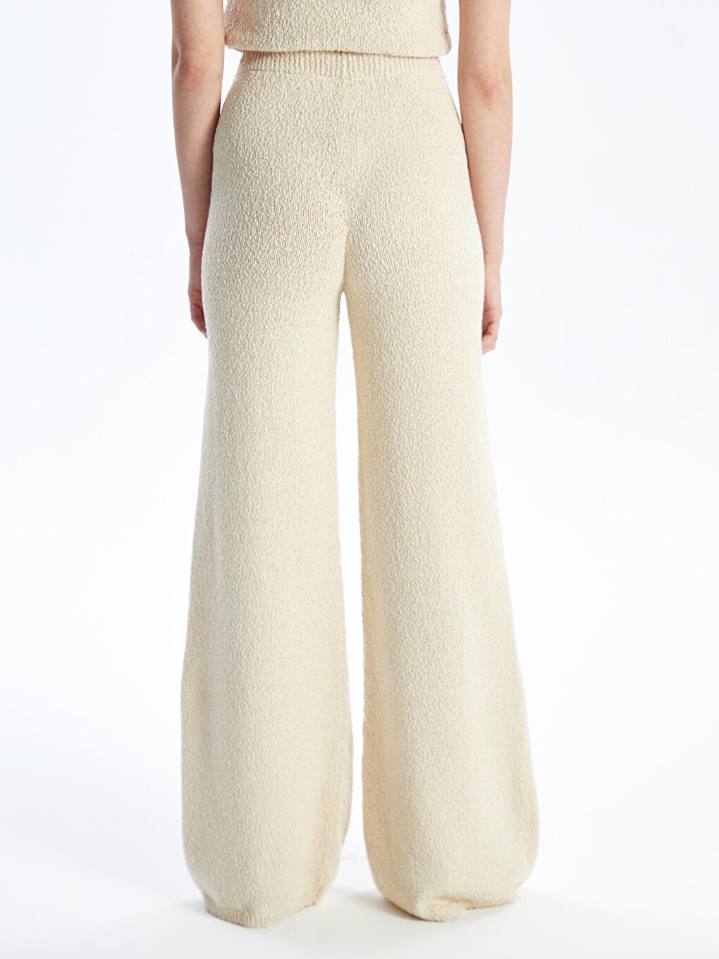 Valetta - Örgü Detaylı Bol Paça Triko Pantolon - Ekru-4