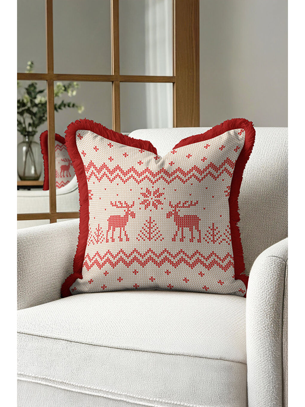 Karışık Nordik Geyik Motifli Saçaklı Yastık Kılıfı - Kış Rustik Kırmızı Ekru Püsküllü Kırlent Kılıfı