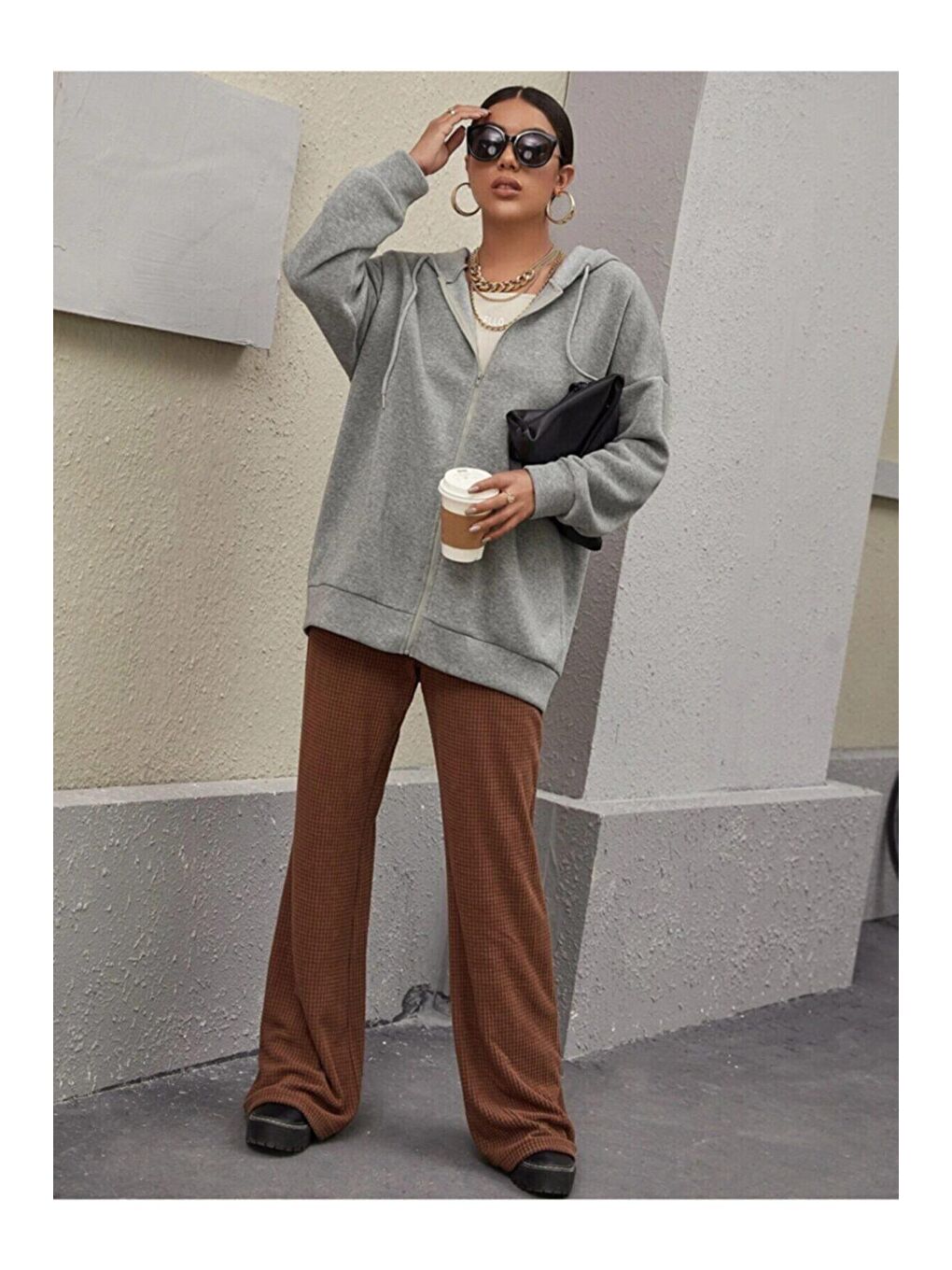 Kadın Gri Üç Iplik Fermuarlı Sweatshirt-1