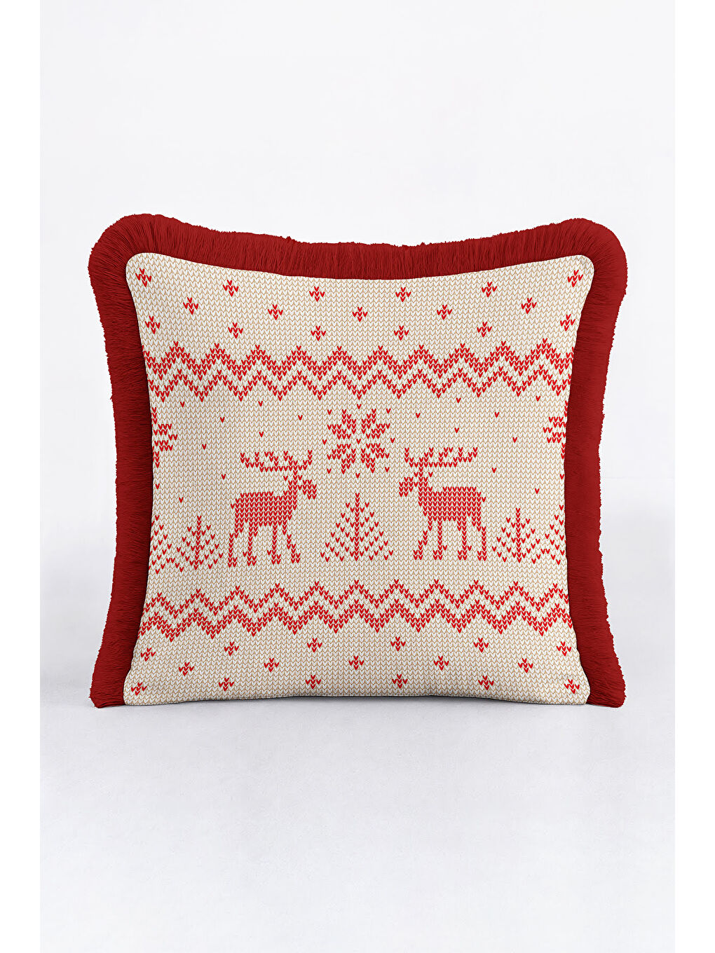 Karışık Nordik Geyik Motifli Saçaklı Yastık Kılıfı - Kış Rustik Kırmızı Ekru Püsküllü Kırlent Kılıfı-1