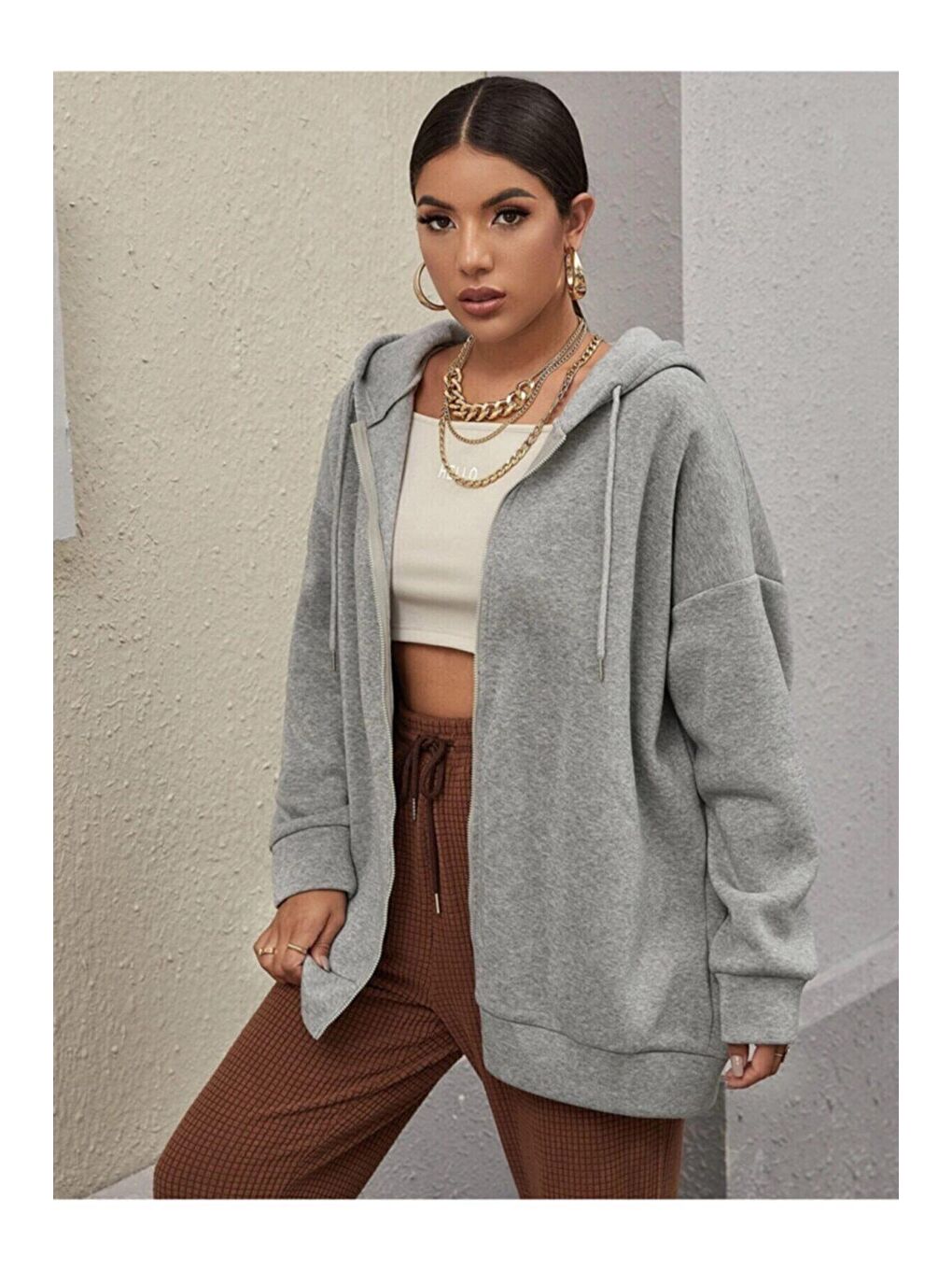 Kadın Gri Üç Iplik Fermuarlı Sweatshirt-3