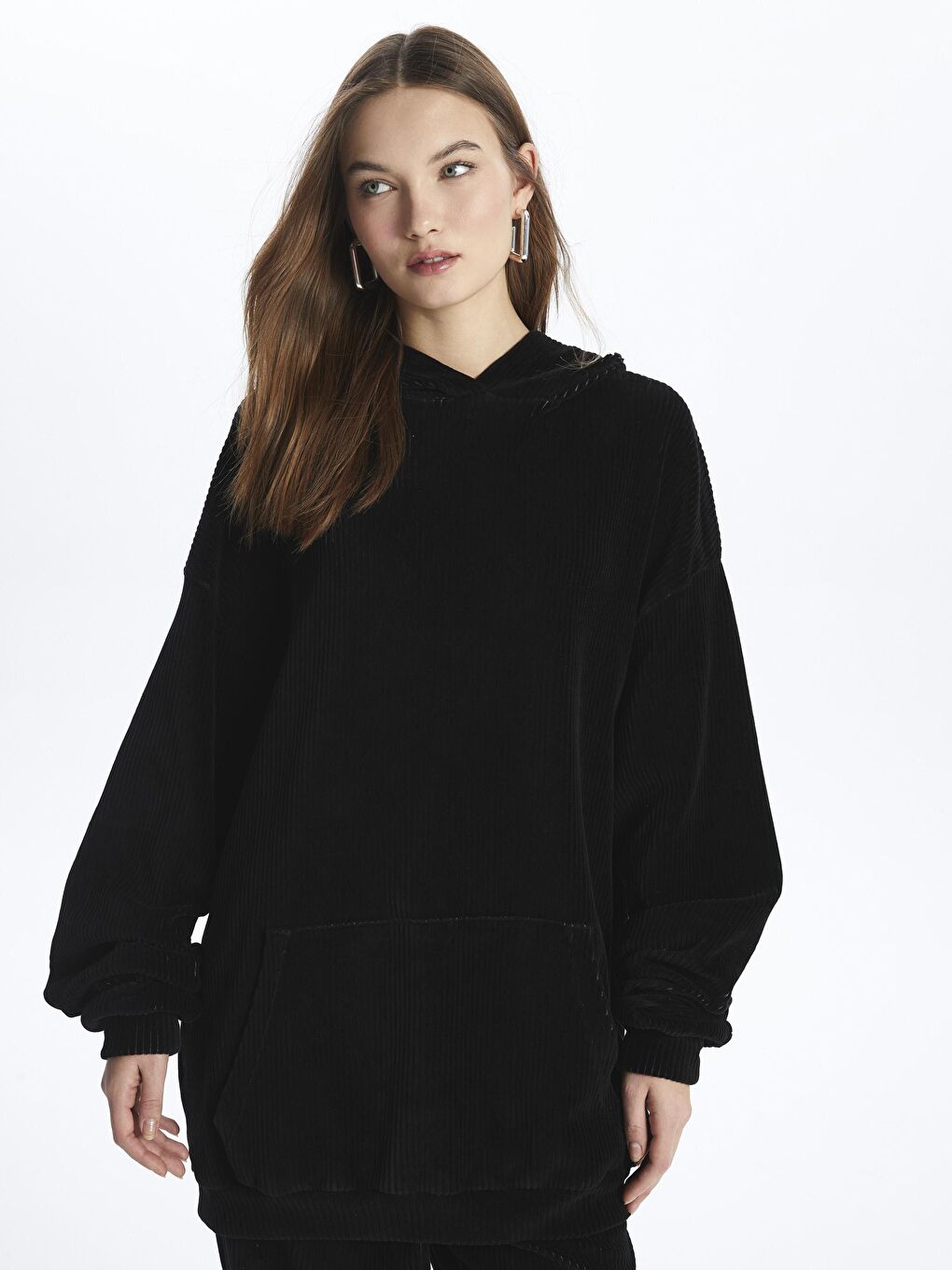 Siyah Kadife Kapüşonlu Oversize Sweatshirt - Los Angeles