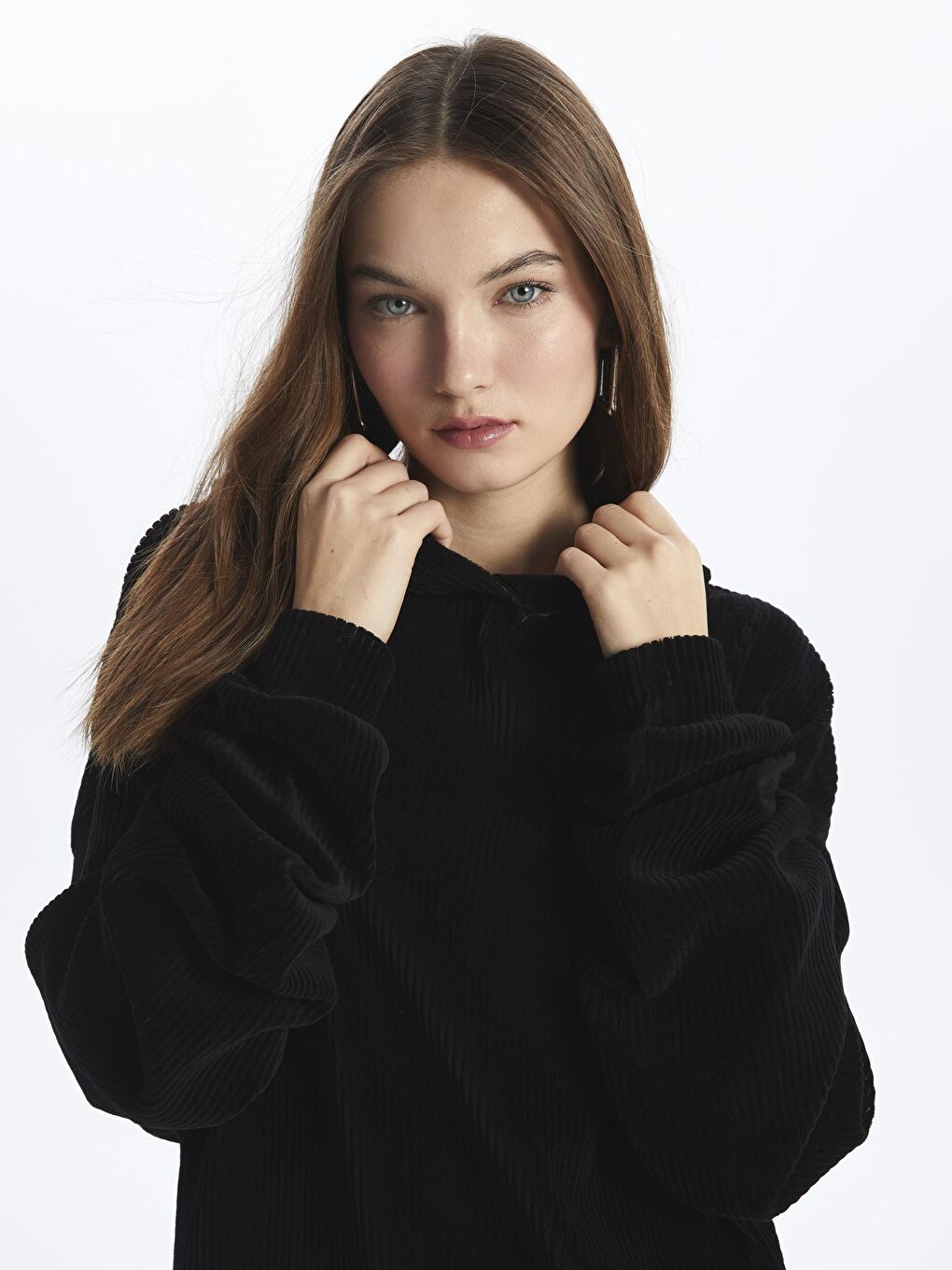 Siyah Kadife Kapüşonlu Oversize Sweatshirt - Los Angeles-1