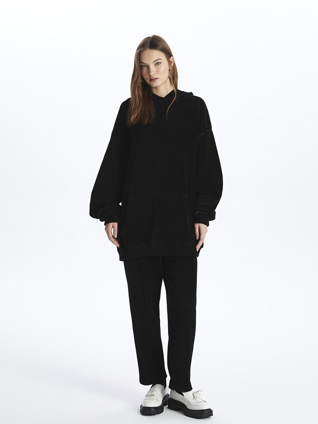 Siyah Kadife Kapüşonlu Oversize Sweatshirt - Los Angeles-2