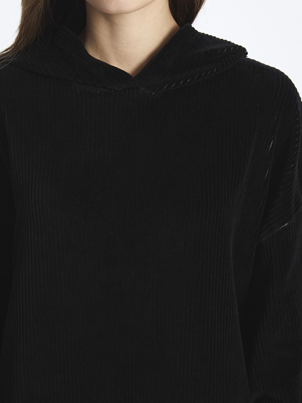 Siyah Kadife Kapüşonlu Oversize Sweatshirt - Los Angeles-3