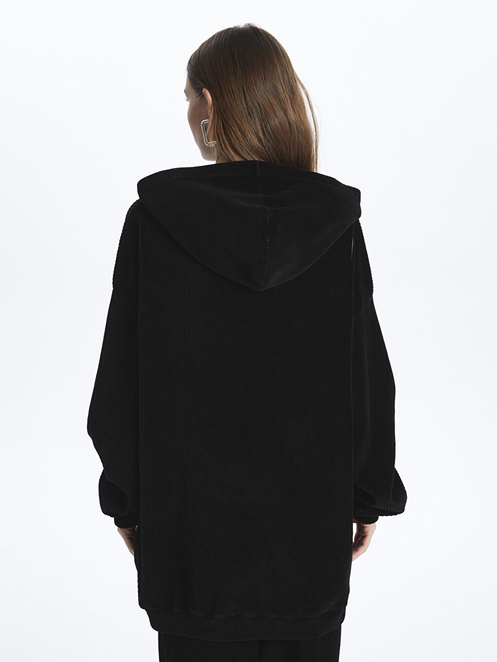 Siyah Kadife Kapüşonlu Oversize Sweatshirt - Los Angeles-4