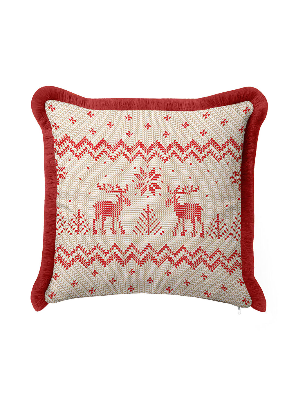 Karışık Nordik Geyik Motifli Saçaklı Yastık Kılıfı - Kış Rustik Kırmızı Ekru Püsküllü Kırlent Kılıfı-2