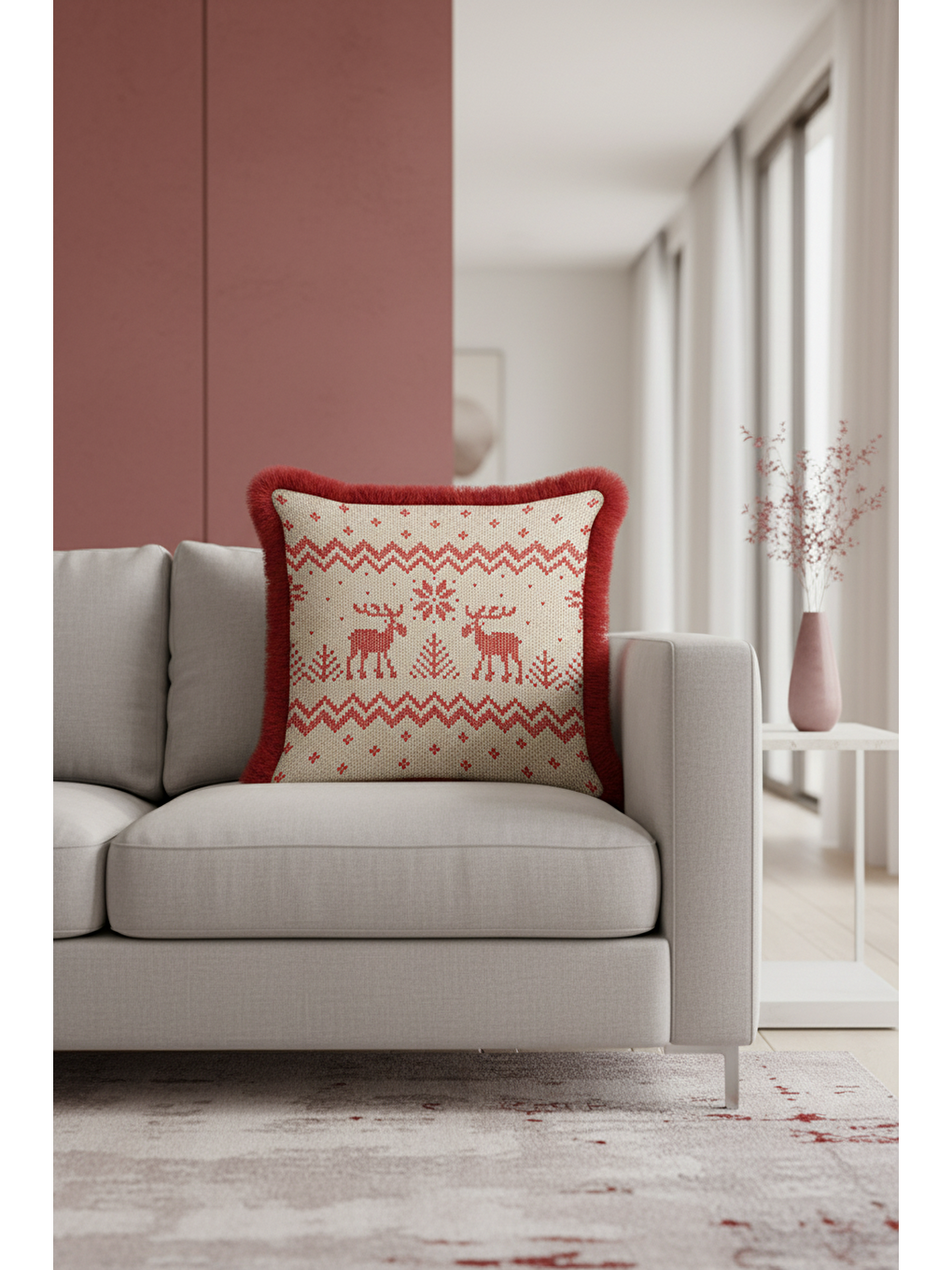 Karışık Nordik Geyik Motifli Saçaklı Yastık Kılıfı - Kış Rustik Kırmızı Ekru Püsküllü Kırlent Kılıfı-3