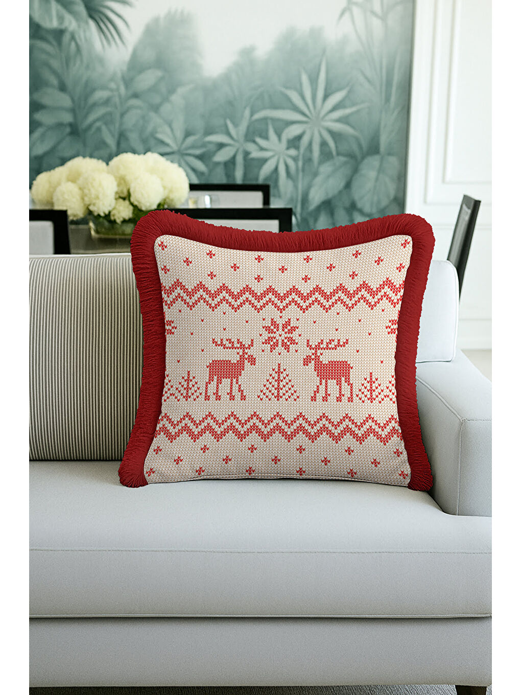 Karışık Nordik Geyik Motifli Saçaklı Yastık Kılıfı - Kış Rustik Kırmızı Ekru Püsküllü Kırlent Kılıfı-4