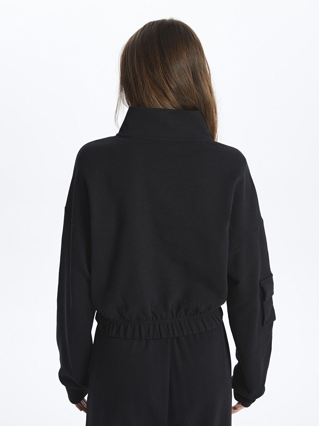 Siyah Fermuarlı Rahat Kalıp Crop Sweatshirt - Hollywood-4