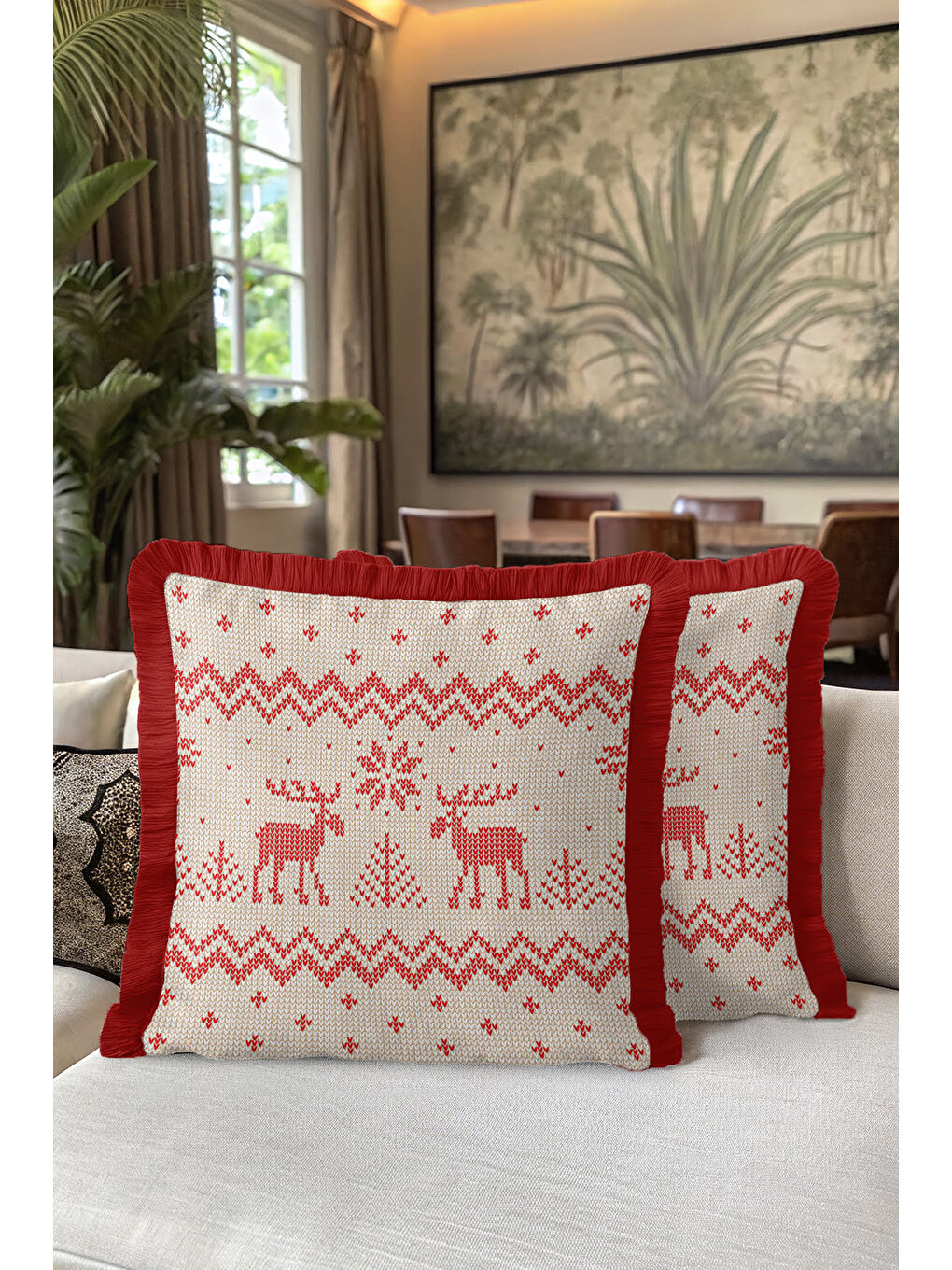 Karışık Nordik Geyik Motifli Saçaklı Yastık Kılıfı - Kış Rustik Kırmızı Ekru Püsküllü Kırlent Kılıfı-5