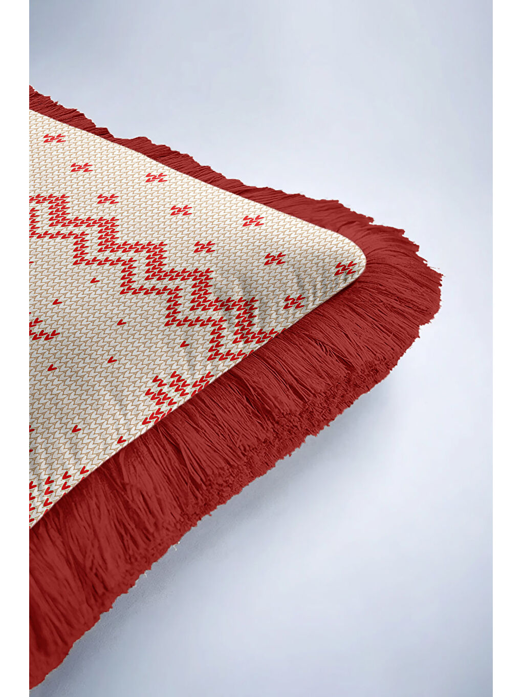 Karışık Nordik Geyik Motifli Saçaklı Yastık Kılıfı - Kış Rustik Kırmızı Ekru Püsküllü Kırlent Kılıfı-6