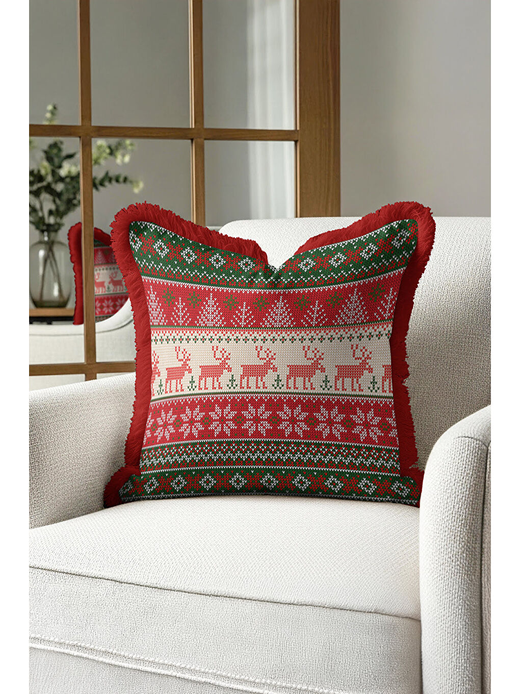 Karışık Nordik Geyikli Saçaklı Yastık Kılıfı-Kış Motifli Retro Kırmızı Yeşil Püsküllü Kırlent Kılıfı-1