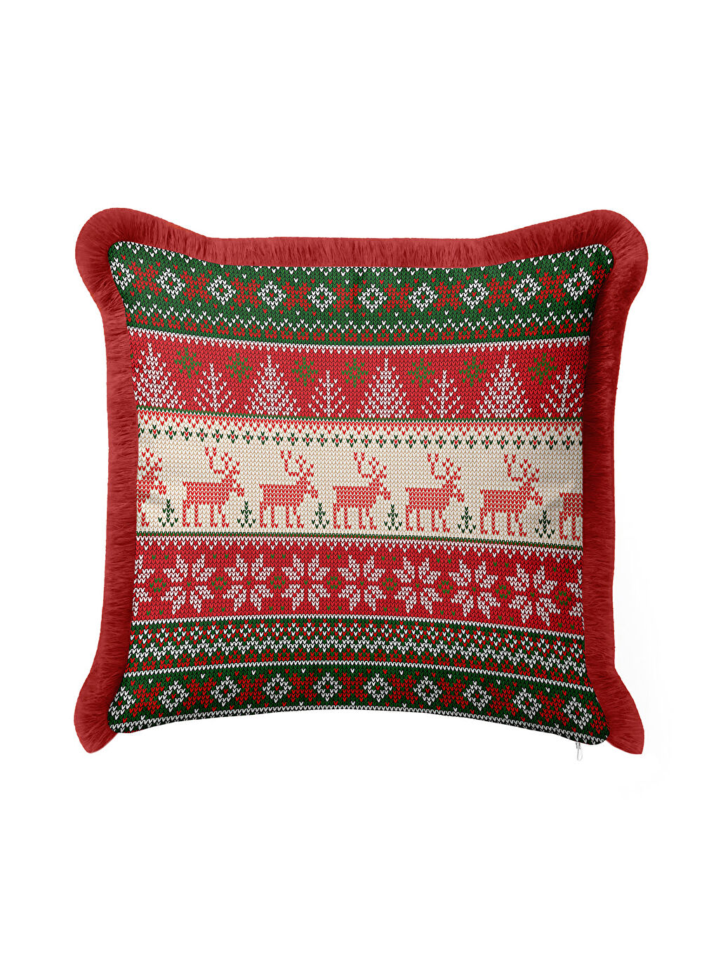 Karışık Nordik Geyikli Saçaklı Yastık Kılıfı-Kış Motifli Retro Kırmızı Yeşil Püsküllü Kırlent Kılıfı-2