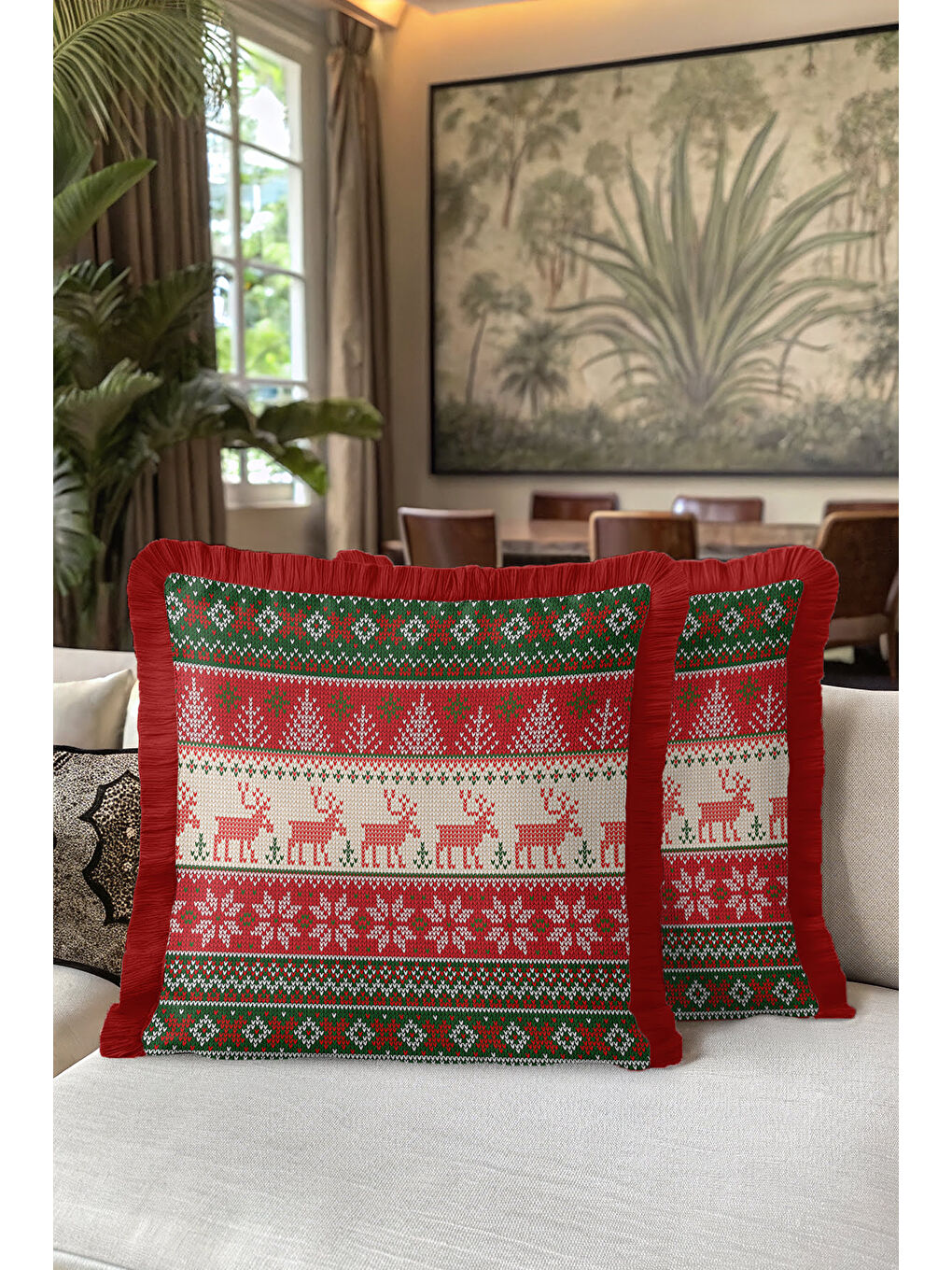 Karışık Nordik Geyikli Saçaklı Yastık Kılıfı-Kış Motifli Retro Kırmızı Yeşil Püsküllü Kırlent Kılıfı-5