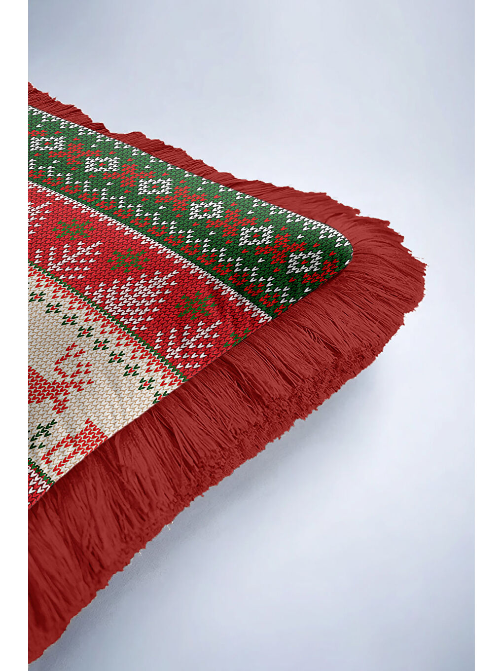 Karışık Nordik Geyikli Saçaklı Yastık Kılıfı-Kış Motifli Retro Kırmızı Yeşil Püsküllü Kırlent Kılıfı-6